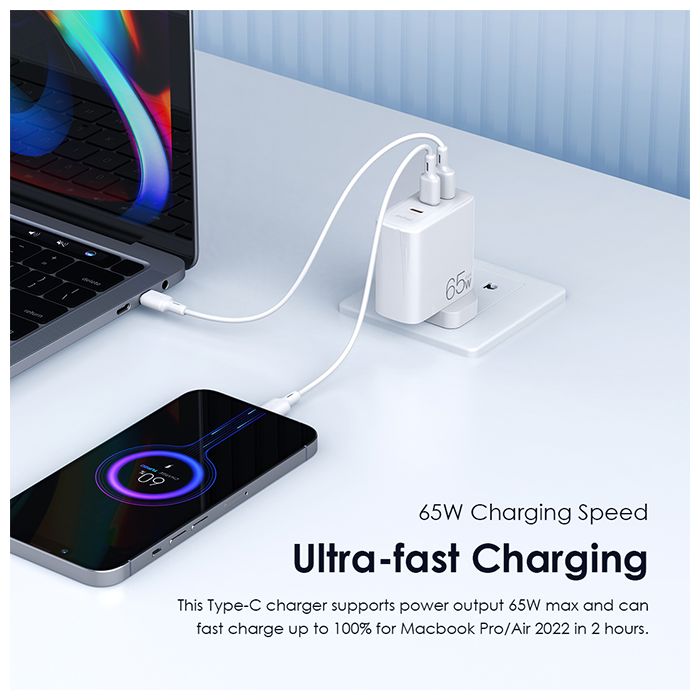 65W USB C Charger, oraimo 3-Port GaN Charger Ultra-Compact, PPS Super Fast oraimo 65W GaN Fast Charge Wall Charger Kit with 100W CC Cable